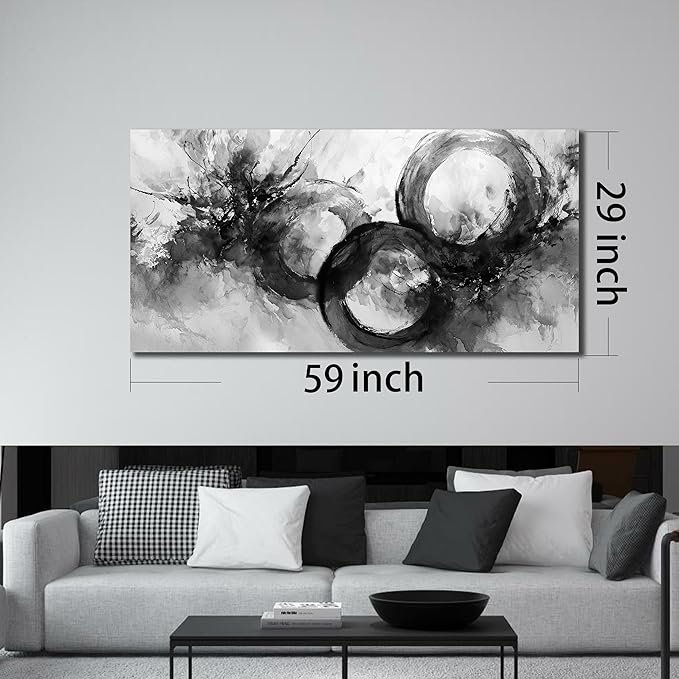 JuhaiArt White Wall Decor Art for Living Room Office Abstract Canvas Wall Art Black Circle Picture Art 29" x 59" Large Modern Poster Artwork