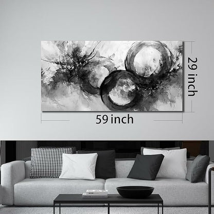 JuhaiArt White Wall Decor Art for Living Room Office Abstract Canvas Wall Art Black Circle Picture Art 29" x 59" Large Modern Poster Artwork