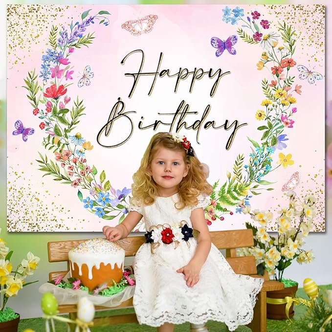 Sensfun Wildflower Happy Birthday Backdrop Banner Wild Flower Birthday Decorations,Spring Floral Butterfly Photography Background for Girls Wildflower One Birthday Party Decor Photo Booth Props 8x6ft