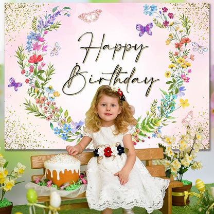 Sensfun Wildflower Happy Birthday Backdrop Banner Wild Flower Birthday Decorations,Spring Floral Butterfly Photography Background for Girls Wildflower One Birthday Party Decor Photo Booth Props 8x6ft