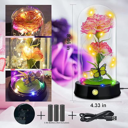 QUELIEN Christmas Carnation Flowers Gifts for Mom,Pink Artificial Carnation in Glass Dome with Led Light for Mother's Day,Birthday,Christmas
