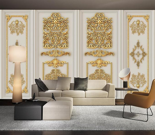 Eierme-Interior Walls with Golden Relief Patterns Mural Wallpaper Peel and Stick 90" x 67"