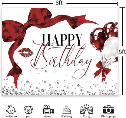 Burgundy Bow Backdrop 8Wx6H Photography Girls Coquette Happy Birthday Decorations Lips Diamond Balloons Background Women Bachelorette Party Decorations Banner Photo Booth Props Supplies