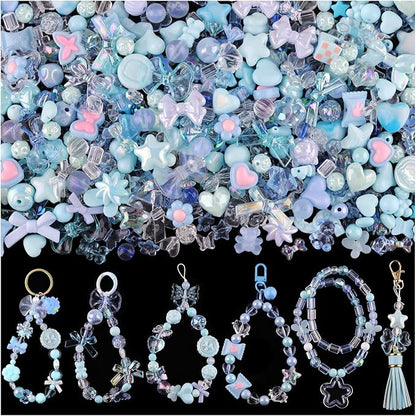 Assorted 200-260PCS Blue Acrylic Beads for Bracelet Making, Flower Bow Candy GummyBear Bracelet Charms,Cute Beads for Jewelry Making DIY Necklace Keychain Phone Charm Christmas Gift