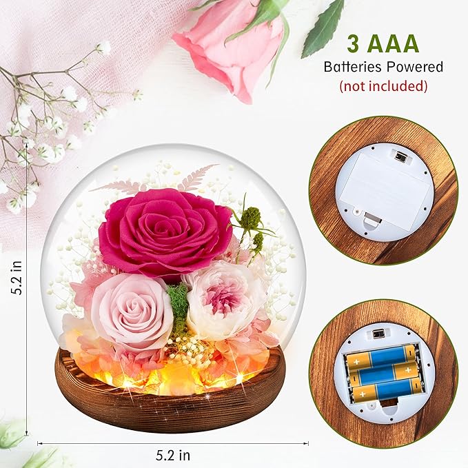 Pink Rose Birthday Gifts for Women Forever Flowers for Delivery Real Rose in Glass Dome with LED Strip, Preserved Flowers Rose Gifts for Wife Girlfriend Mom on Wedding Anniversary