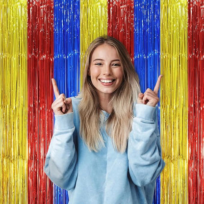 3 Pack 3.3 x 8.2 ft Blue Red Gold Foil Fringe Backdrop Curtains, Tinsel Streamers Party Decorations, Fringe Backdrop, Door Shimmer for Birthday Party