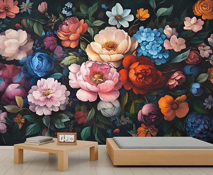 Vintage Peony Floral Wall Mural, Oil Painting Dutch Flower 3D Wall Murals, Romantic Dark Botanical Wallpaper Mural, for Living Room Bedroom Large Wallpaper Indoor Decor 157.5" W x110.3 H