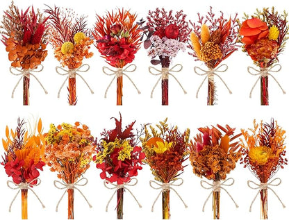 12/24 PCS Charming Dried Flowers Bouquet for Vase Various Dried Wildflowers with Stems Mini Handmade Wildflowers Natural Real Flowers Bulk Flowers Craft (Burnt Orange Series, 12PCS)