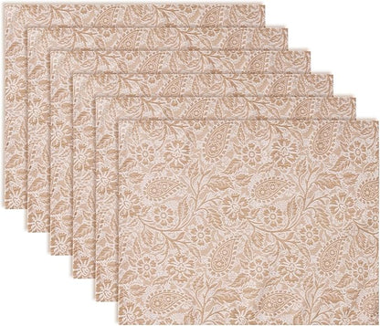 HEAVYWOOD Boho Placemats Set of 4 Cloth Floral Place Mats Paisley Botanical Table Mats for Kitchen Dinning Farmhouse Rustic Washable Tablemats 14x18 Inch (Oatmeal, 6)