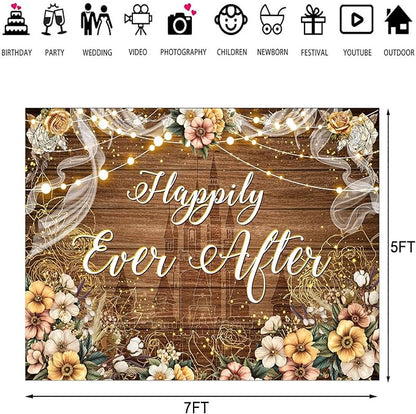 Happily Ever After Backdrop Bridal Shower Wedding Party Brown Wood Photography Background Boho Floral Golden Rose Dots Wedding Decor Banner Portrait Photo Booth Studio Props 7x5ft FU037YL