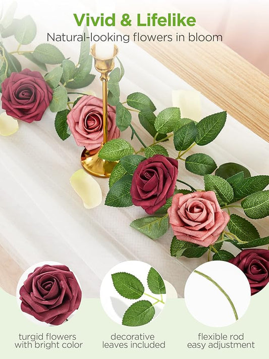 InnoGear Artificial Flowers, 50 Pcs Burgundy Foam Fake Roses Bulk with Stems for Decoration DIY Wedding Bouquets Centerpieces Bridal Shower Party Christmas Tree