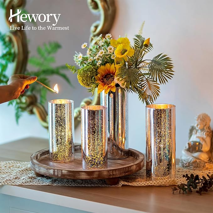 Glass Cylinder Vases Set of 24, Hewory Glittery Silver Vase for Centerpieces, Glass Hurricane Candle Holders for Pillar Floating Candle, Tall Round Vase for Wedding Anniversary Events Home Table Decor