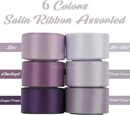 HUIHUANG Lilac Satin Ribbon - 1 inch Double Face Silk Assortment for Wedding, Bridal Shower Decor, Crafts, Hair Bows - 5 Rolls, Total 50 Yards