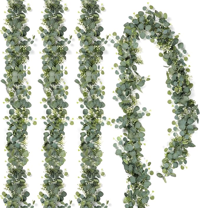 TOCHGREEN 4 PCS Artificial Eucalyptus Garland 5.9FT Faux Silver Dollar Greenery Garland Vines with White Flower Boxwood Fake Hanging Plants for Wedding Home Party Table Mantle Wall Decor