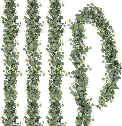 TOCHGREEN 4 PCS Artificial Eucalyptus Garland 5.9FT Faux Silver Dollar Greenery Garland Vines with White Flower Boxwood Fake Hanging Plants for Wedding Home Party Table Mantle Wall Decor