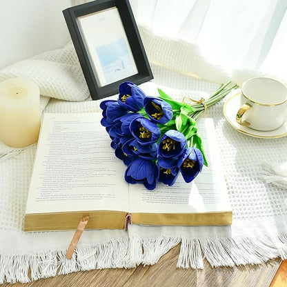 Mandy's Artificial Tulips 12 Stems Royal Blue Partially Open PU Faux Flowers for Wedding Home Decor 13.5 Inch