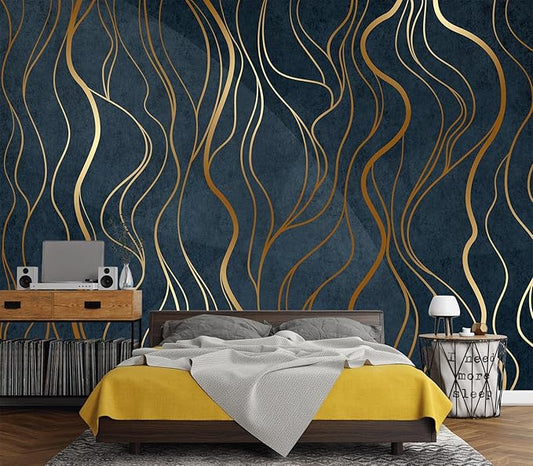 Eierme-Abstract Luxury Golden Wallpaper Wavy line Art Background Dynamic Ribbons 90" x 67"