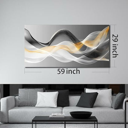 JuhaiArt Abstract Wall Art White Wall Decor for Living Room Office Large Black Canvas Art Picture Gold Artwork 29" x 59" Modern Prints