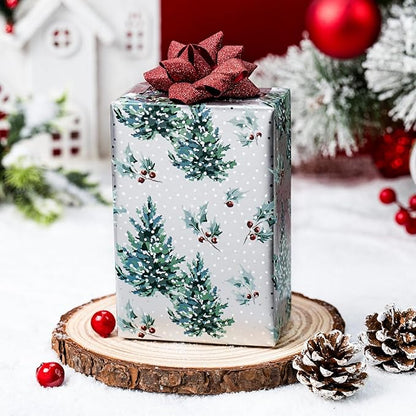 MAYPLUSS Christmas Wrapping Paper Roll - 17 Inch X 33 Feet - Metallic Gift Wrapping Paper Christmas Tree Holly Reversible Red for Holiday Party New Year Kids