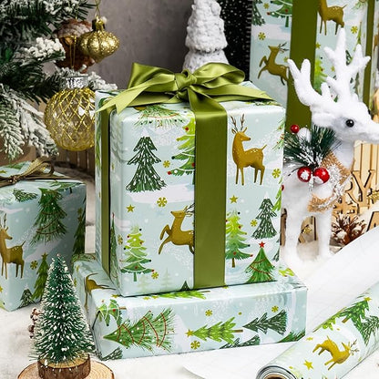 MAYPLUSS Christmas Wrapping Paper - 17 In x 33 Feet - Cute Watercolor Winter Snowy Wonderland Deer and Christmas Tree Print Holiday Gift Wrap Paper for New Year, Xmas Gift Wrap, Party, Nature Lover