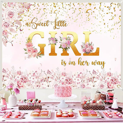 Large 7 x 5ft Girl Baby Shower Backdrop Banner - Pink Floral Sweet Little Girl is on Her Way with 19.68ft (6m) Ribbon for Baby Shower Decorations, Photography & Party Backdrop