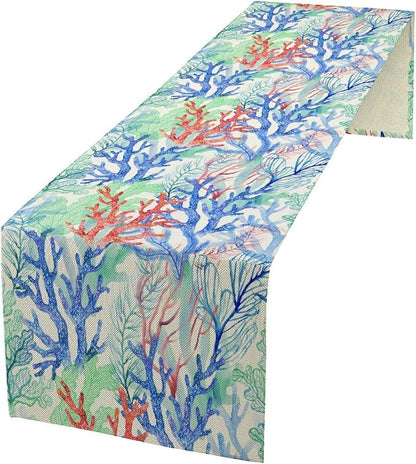 Summer Shell Starfish Table Runner, Seasonal Spring Summer Tropical Ocean Beach Indoor Party Kitchen Outdoor Table Decor 13x70 Inch