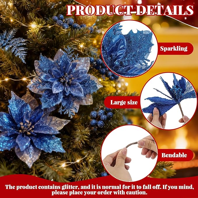 Yerliker 108 Pcs Blue Glitter Christmas Picks and Sprays, 12 Styles Artificial Christmas Floral Berry Branches Flowers Stems for Xmas Tree Ornaments Wreath Garland DIY Vase Holiday Party Decor