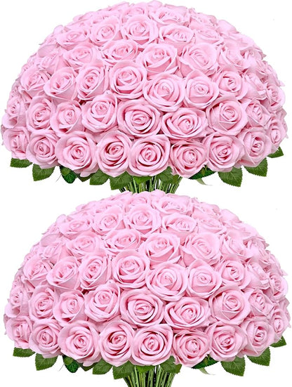 Waipfaru 100 Pcs Pink Roses, Fake Roses Artificial Velet Flowers for Valentines Mothers Day Wedding Centerpieces Decor (Pink)