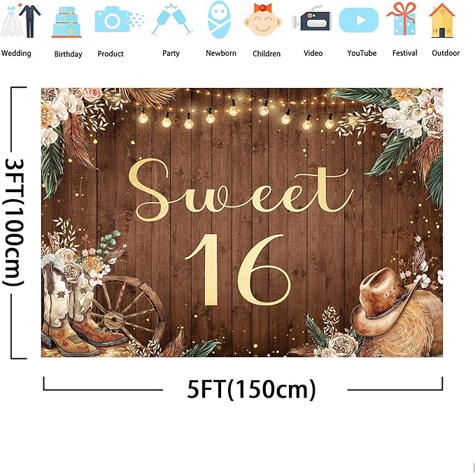 SVBright Sweet 16 Backdrop 5Wx3H Western Cowgirl Rustic Boho Pampas Grass Farmhouse Country Flower Floral West Retro Wooden Boots Hat Decorations Photography Background Banner Photo Booth Studio