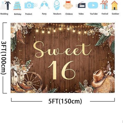 SVBright Sweet 16 Backdrop 5Wx3H Western Cowgirl Rustic Boho Pampas Grass Farmhouse Country Flower Floral West Retro Wooden Boots Hat Decorations Photography Background Banner Photo Booth Studio