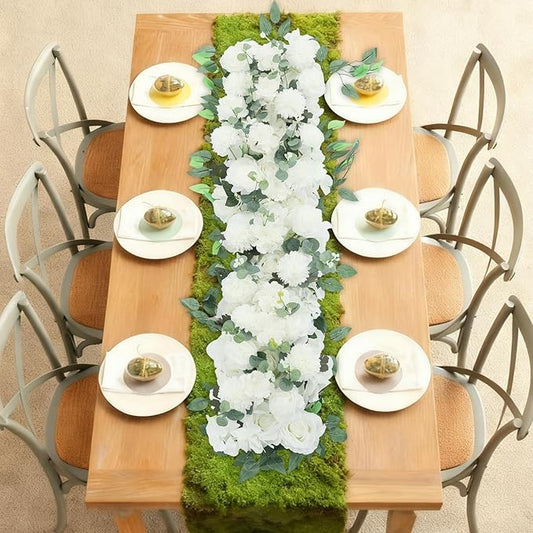 TFCFL Artificial Flowers Row, 39.5" X 12" Wedding Arch Faux Floral Swags, 3D Flower Panels Arrangement, DIY Wall Backdrop for Wedding Party Table Runner Decoration (White)