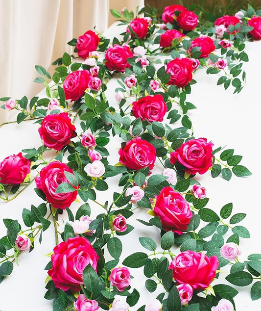 6FT Bendable Flower Garland, Artificial Rose Vine Hanging Floral Garland Decoration for Weding Home Room Wall Decor (Fuchsia, 1pcs)