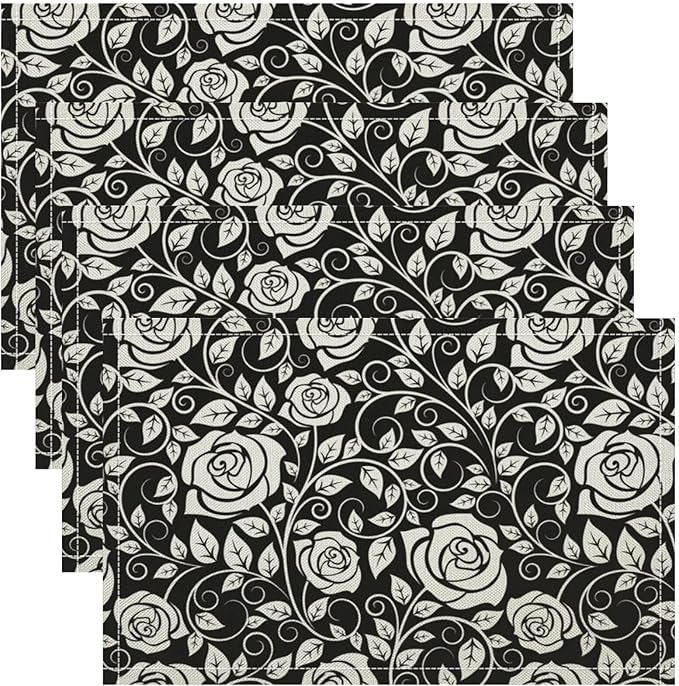 Retro Flowers Placemats Set of 8, 17x12 Inch Modern Aesthetic Black White Florals Leaves Art Print Table Mats for Home Party Kitchen Dining Decor