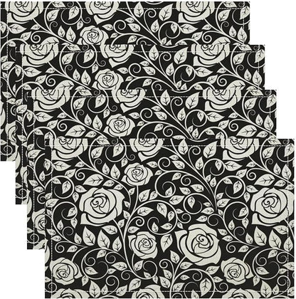 Retro Flowers Placemats Set of 8, 17x12 Inch Modern Aesthetic Black White Florals Leaves Art Print Table Mats for Home Party Kitchen Dining Decor