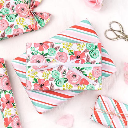 WRAPAHOLIC Reversible Floral Wrapping Paper - Mini Roll - 17 Inch X 33 Feet - Peach Pink Floral Design for Birthday, Mother's Day, Wedding, Baby Shower