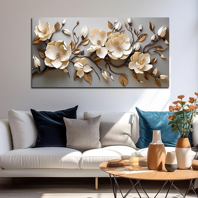 Flower Pictures Wall Art for Bedroom Modern Art Wall Decor for Bedroom White and Gold Canvas Print Wall Art Large Size 29 x 58 Inch