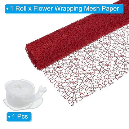 PATIKIL Flower Wrapping Mesh Paper, 15ft Floral Bouquet Craft Packaging Hollow Net Yarn with Ribbon for Flowers Gift Packaging, Red