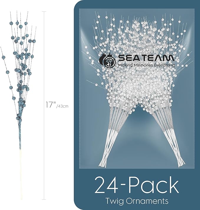 Sea Team 24-Pack Artificial Glitter Berry Stem Ornaments, Decorative Bead Sticks, Glittery Twigs, Picks, Branches for Christmas Tree, Small Vase, Holiday, Wedding, Party (17 Inches, Stone Blue)
