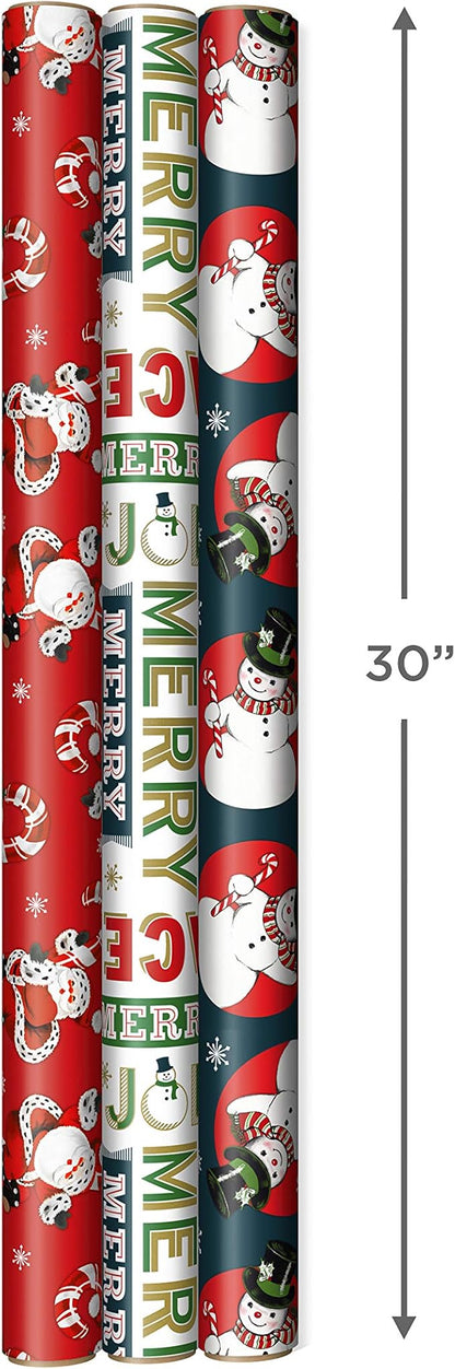 Hallmark Vintage Christmas Wrapping Paper Cut Lines on Reverse (3 Rolls: 120 sq. ft. ttl) Dancing Santas, Classic Snowman, "Merry, Jolly, Happy, Peace"