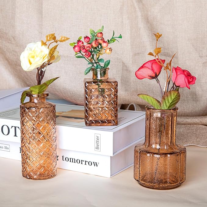 Gold Amber Glass Bud Vase Set of 12, Small Vintage Flower Bottle Petite Glass Flower Vase for Floral Arrangements, Decorative Centerpiece,Table Decor,Home Wedding Party