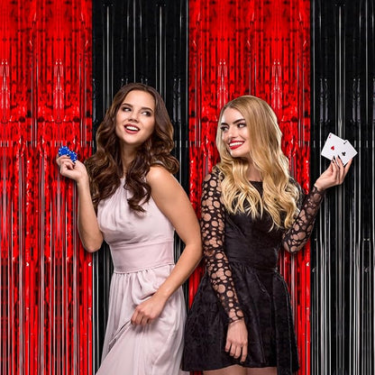 2 Pack 3.3x8.2 Feet Red and Black Foil Fringe Backdrop Curtains, Tinsel Streamers Birthday Party Decorations, Fringe Backdrop for Graduation, Movie Night, Horror Party