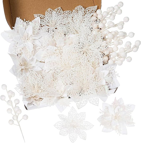 24Pcs Christmas Poinsettia Artificial Flowers and Glitter Berries Kit, 2 Styles Total 16Pcs Christmas Tree Flowers Ornaments, 8Pcs Christmas Tree Picks for Wedding Holiday Decorations, White