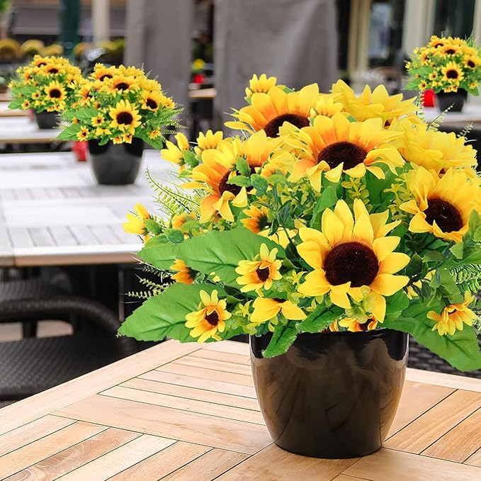 ZEYGLXC 12 Pack Artificial Sunflowers Bouquets with Stems for Wedding Home Kitchen Table Birthday Decor Indoor Outdoor, Faux Sunflowers with 4 Big Sunflowers Heads 9 Small Sunflowers Heads