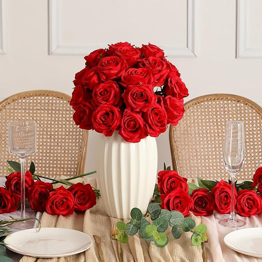 Kisflower 60 Pcs Red Roses Artificial Flowers Bulk, Silk Roses with Stems Real Look Artificial Red Roses for Decoration DIY Wedding Bouquet Bridal Shower Party Home Table Centerpieces Decor (Red)