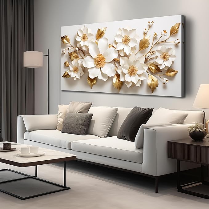JuhaiArt Large Floral Wall Decor 3D Flower White Wall Art Elegant Gold Canvas Decor for Bedroom Living Room Office Picture Artwork 29" x 59"