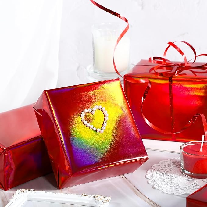 LeZakaa Red Wrapping Paper Roll - Holographic Iridescent Wrapping Paper for Birthday, Chritsmas, Holiday - 17 inches x 32.8 Feet (47.23 sq.ft.)