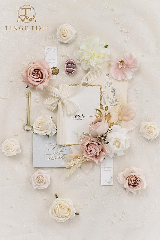 TINGE TIME Artificial Flowers Combo Mix Silk Flowers Pink Roses w/stem for DIY Wedding Bridal Bouquets Baby Shower Floral Arrangement Table Centerpieces Home Decorations (Dusty Rose & Champange)