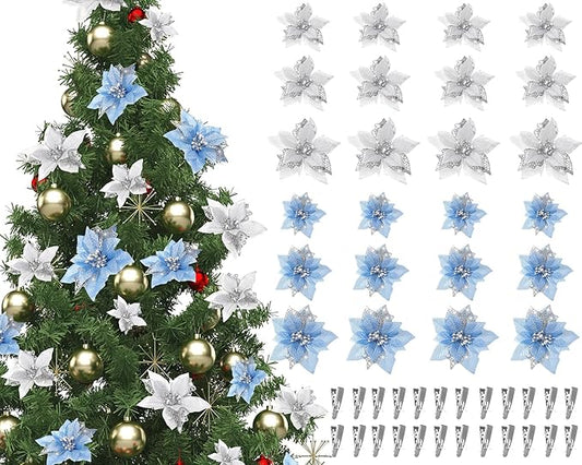 Boao 24 Pieces Christmas Artificial Glitter Poinsettia Flowers Xmas Flowers Wedding Christmas Tree New Year Ornaments (Sky Blue and Silver)