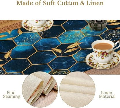 Sky Blue Honeycomb Table Runner Abstract Sea Blue Marble Hexagon Texture Golden Leaves Seasonal Dinner Runner Table Decoration for Farmhouse Home Kitchen Dining Holiday Party 13x36in