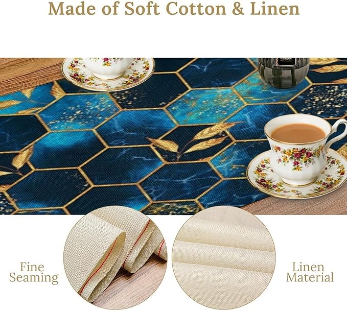 Sky Blue Honeycomb Table Runner Abstract Sea Blue Marble Hexagon Texture Golden Leaves Seasonal Dinner Runner Table Decoration for Farmhouse Home Kitchen Dining Holiday Party 13x60in